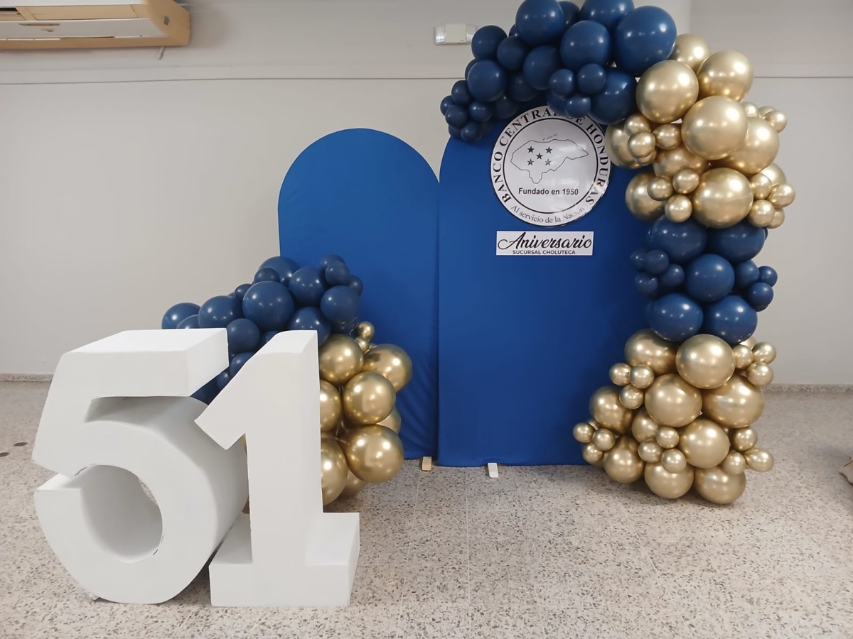 Decoración de cumpleaños con globos dorados y azules