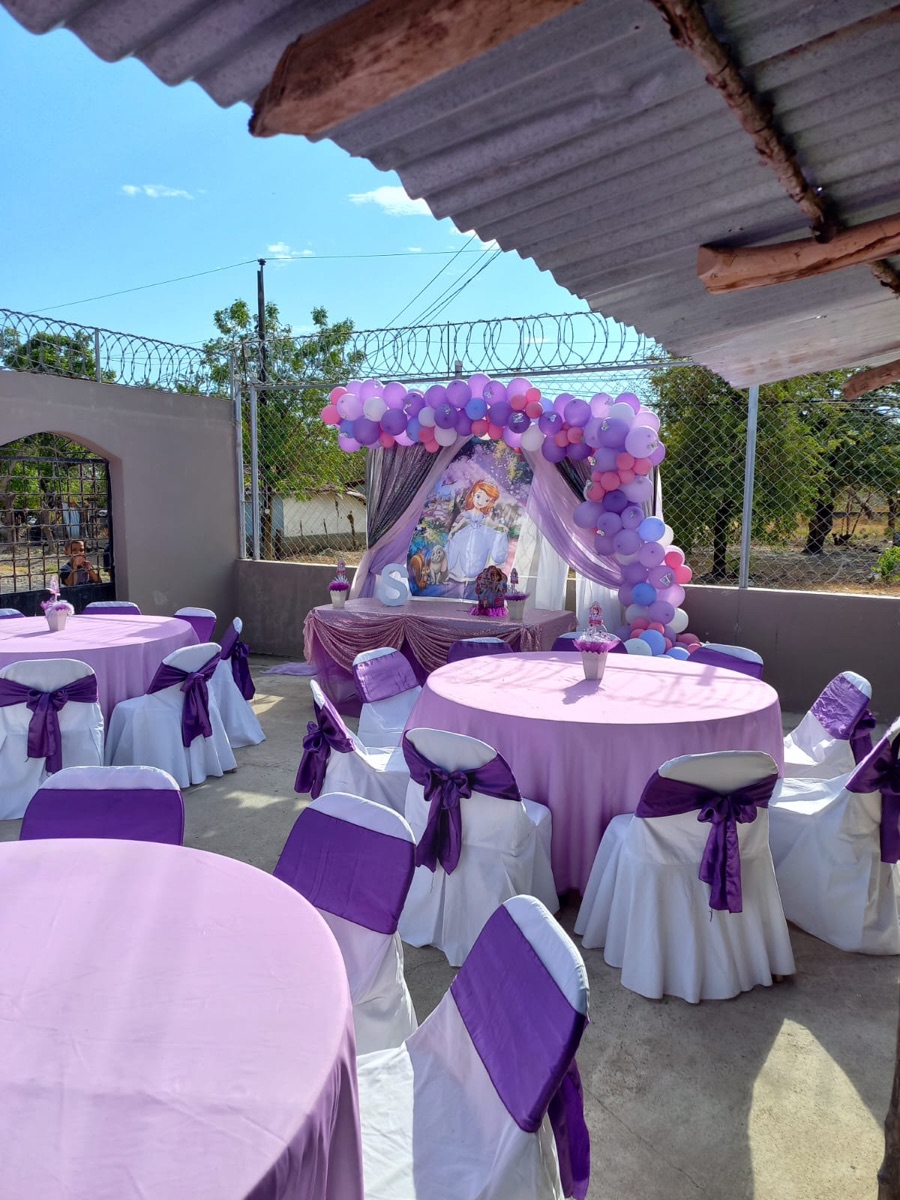 Celebración al aire libre en tonos morados